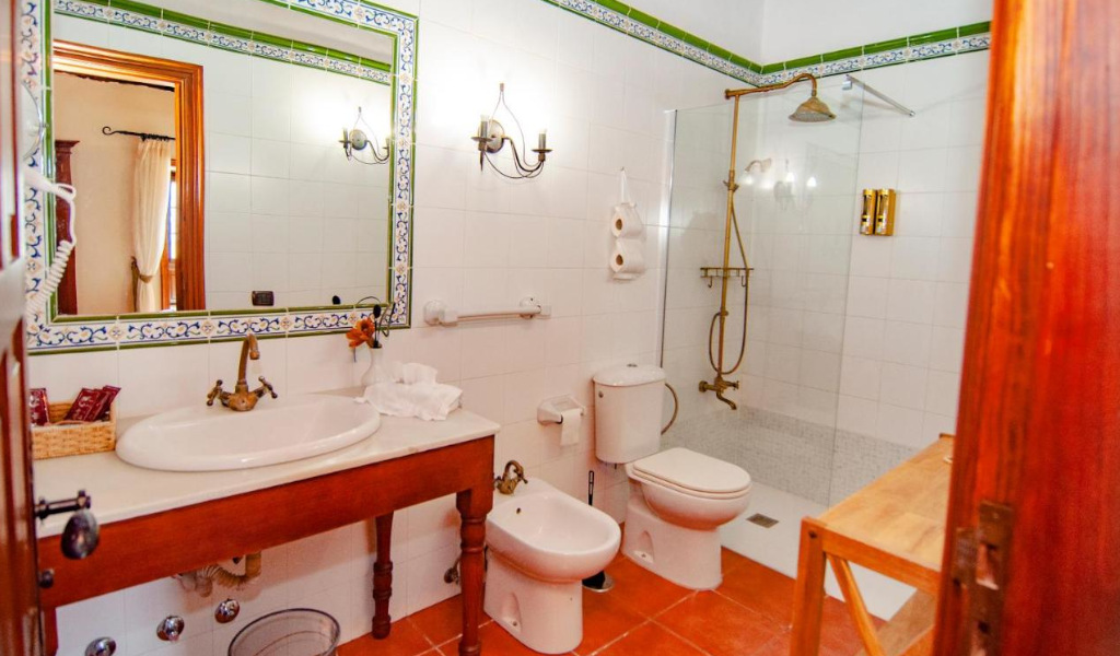 Classic style bathroom with shower, sink and bidet in a hotel in Tenerife.