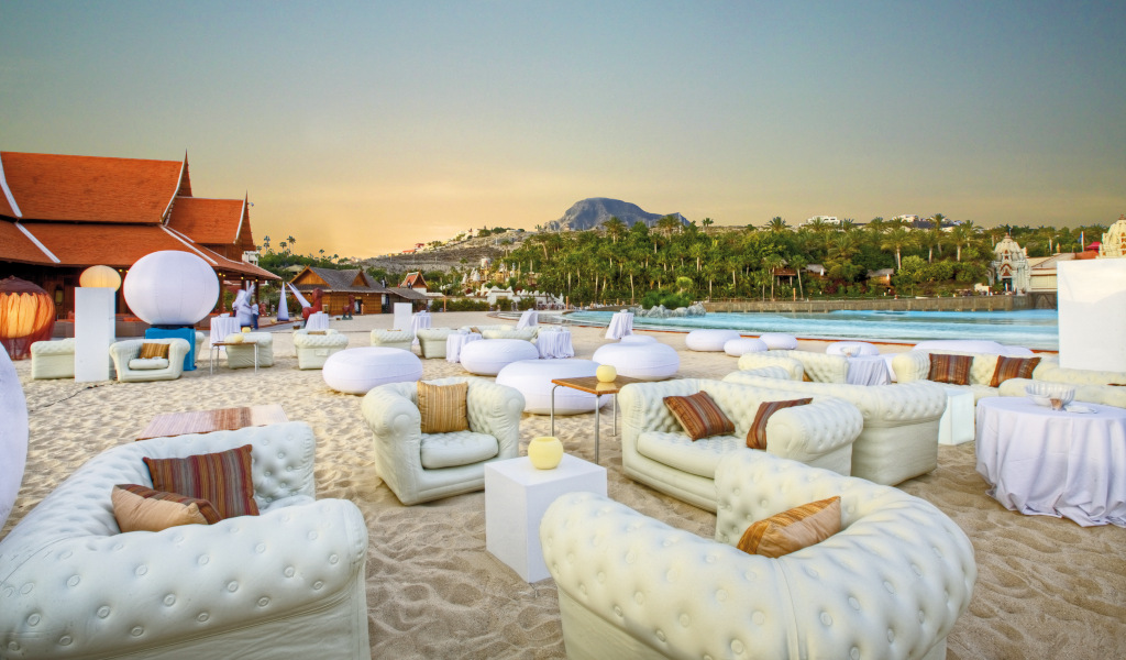 Rest area with sofas on the beach in Siam Park, Tenerife.