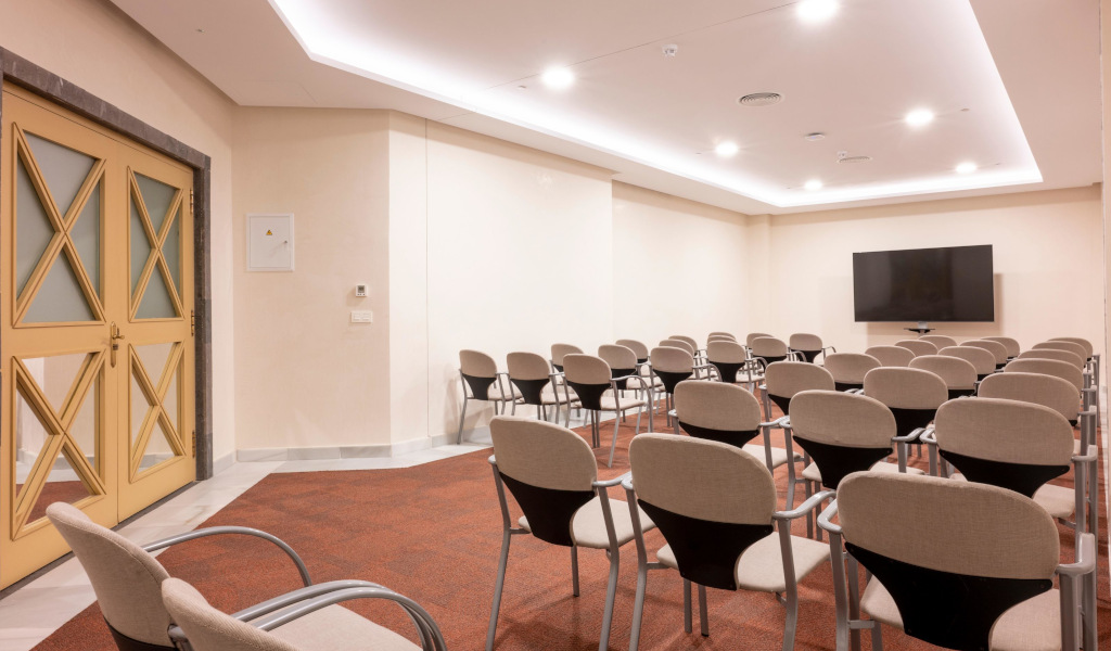 Conference room in Tenerife with chairs and big screen.