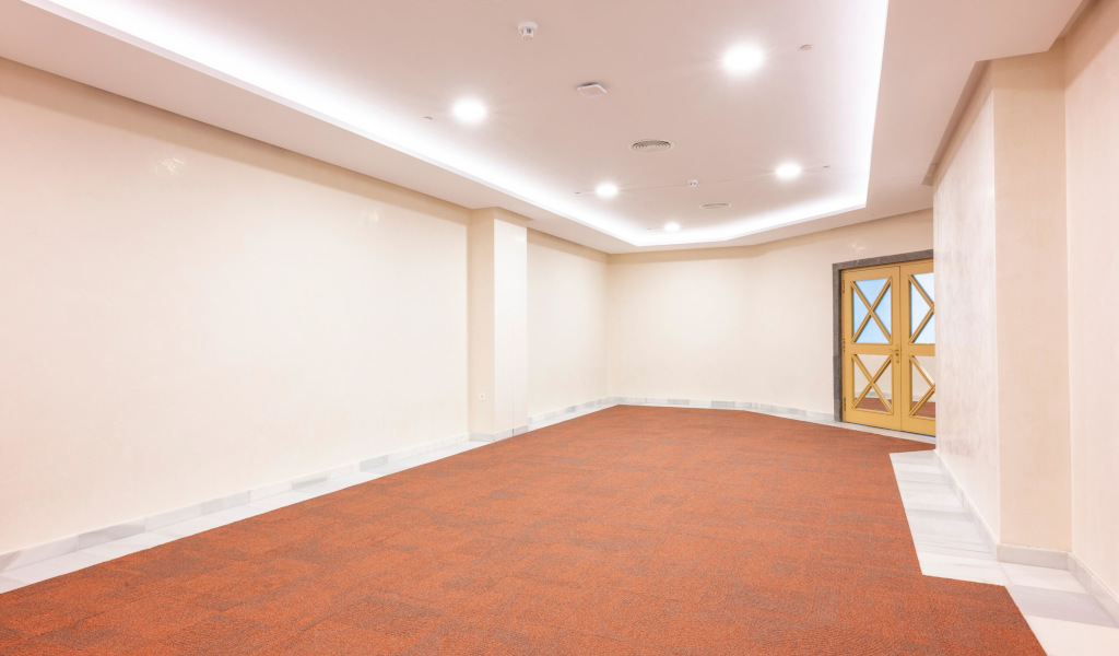 Living room with carpeted floor and double doors in a building in Tenerife.
