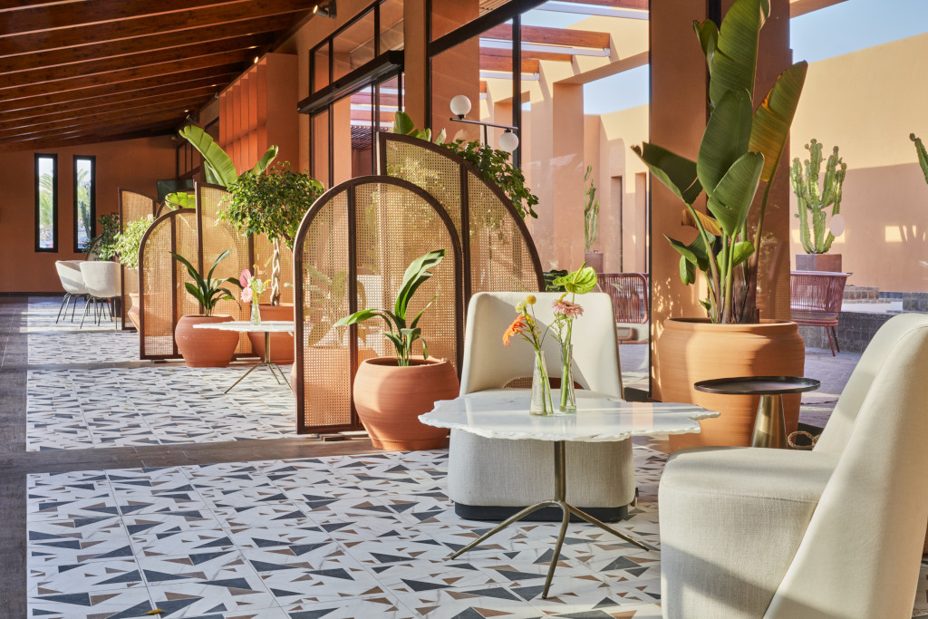 Terrace with chairs, tables and plants in a hotel in Tenerife.
