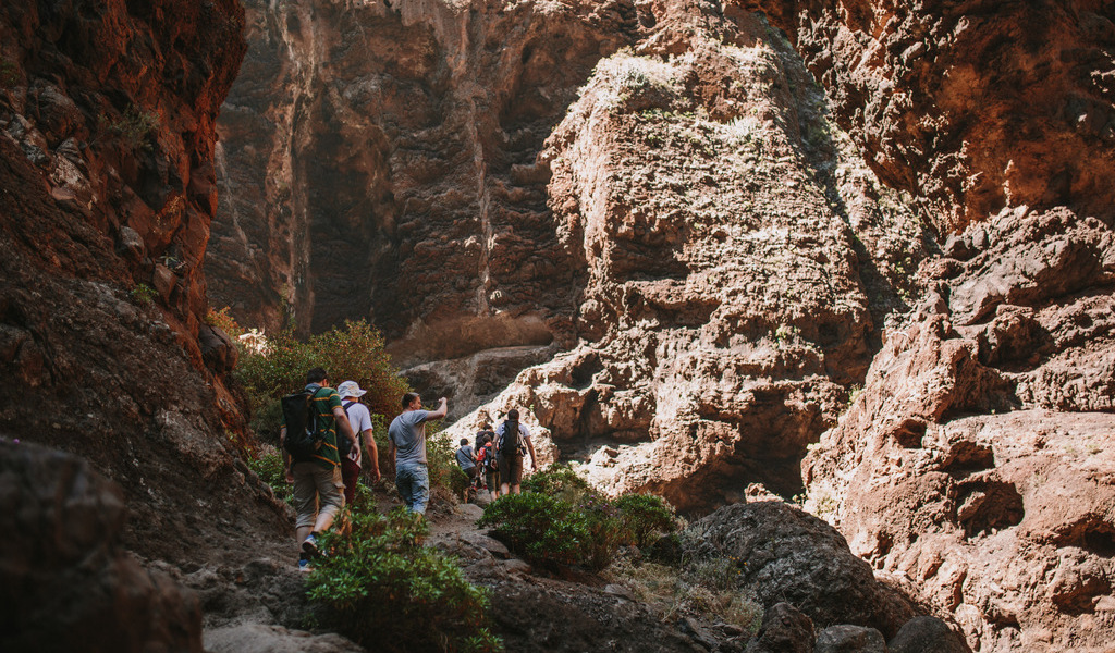 Rocky trail in the Barranco del Infierno, Tenerife, with people walking.
