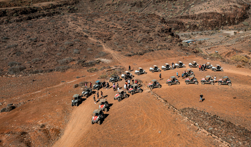 Group of buggies forming a semicircle in an arid landscape of Tenerife.