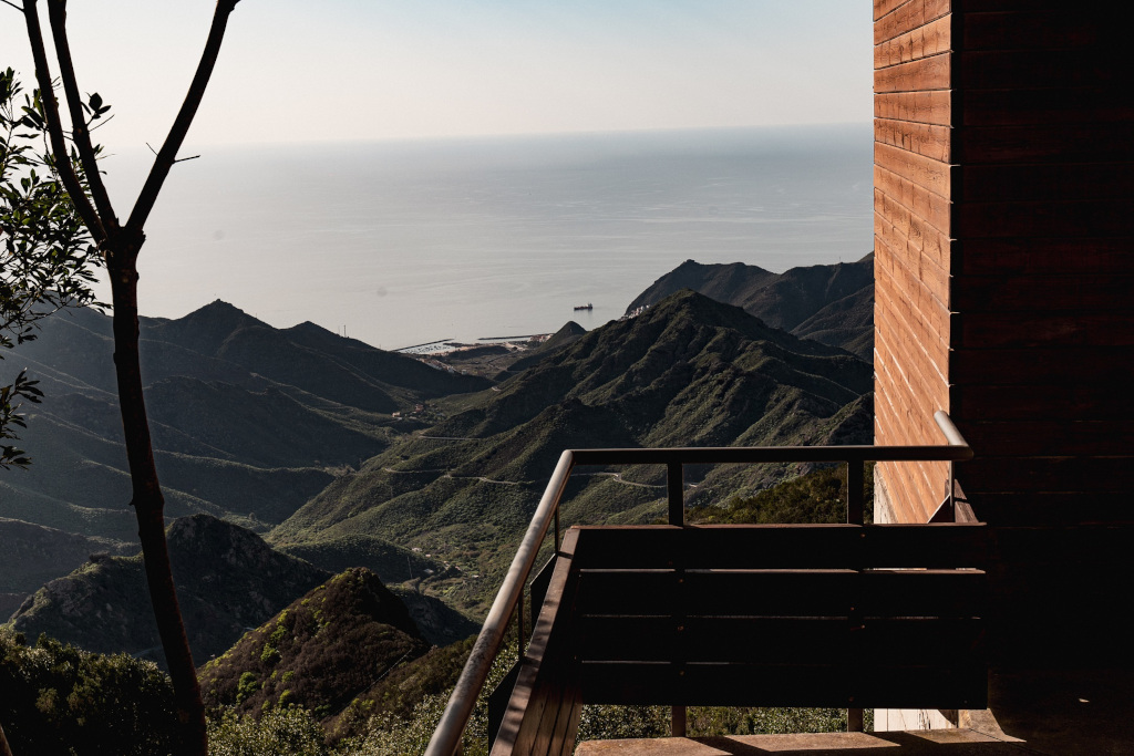 View of mountains and ocean from a balcony in Tenerife.