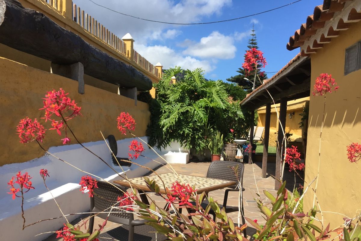 Seating area with red flowers and yellow walls in Tenerife patio.
