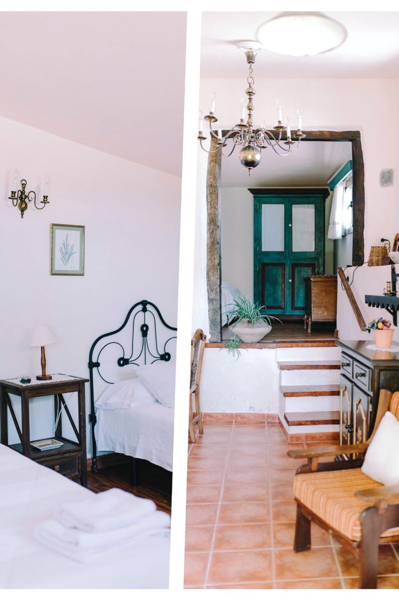 Bedroom in Tenerife with bed, nightstand, chandelier, and green wardrobe.