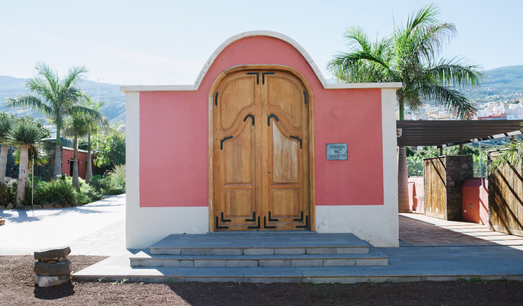 Entrance with wooden door at Tenerife location surrounded by palm trees.
