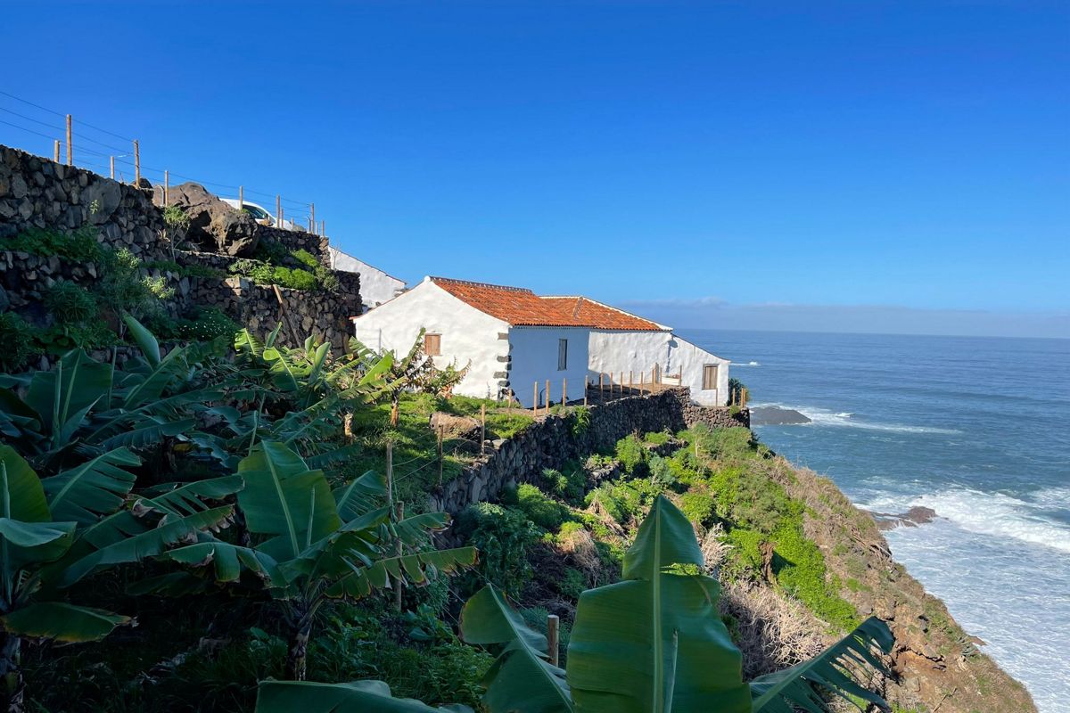 White house on a cliff by the sea with banana plants in Tenerife.