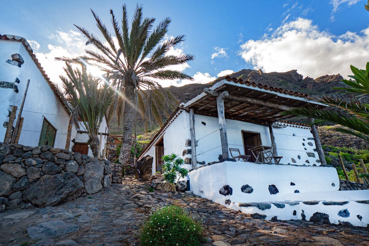 Traditional stone house with palm trees in Tenerife countryside.