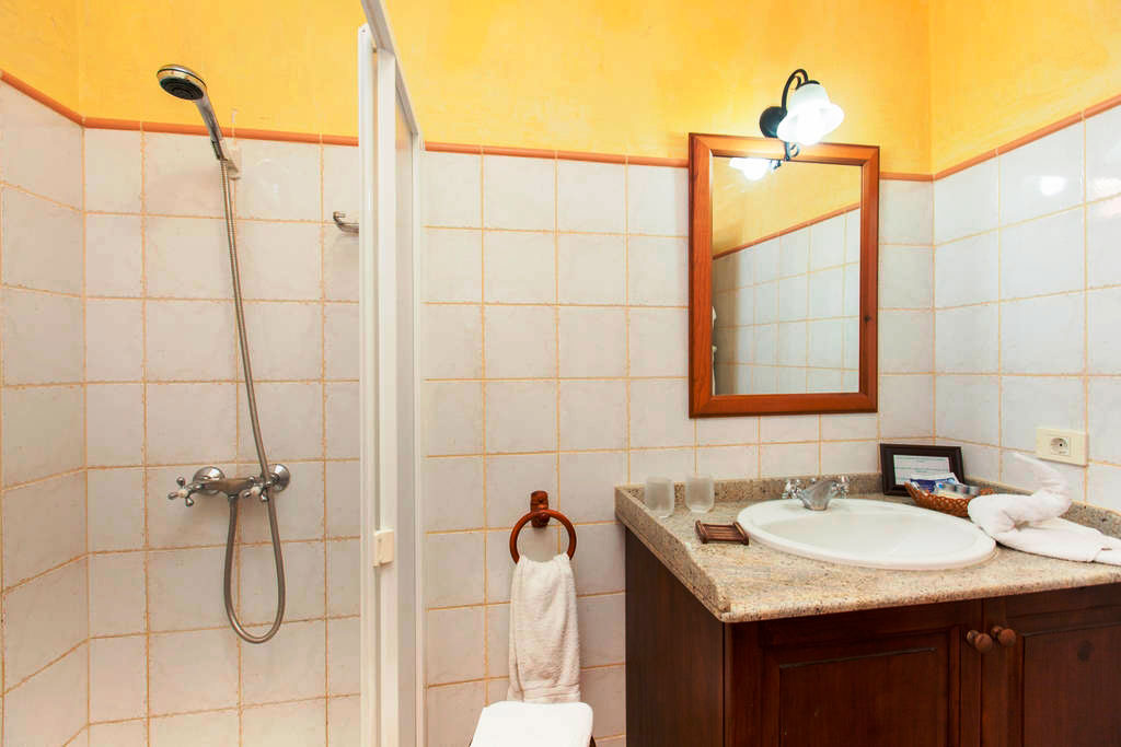 Bathroom with a shower, mirror, sink, and towel at a Tenerife location.
