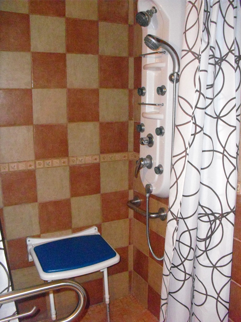 Shower with adjustable seat and handheld showerhead, patterned tiles, Tenerife bathroom.