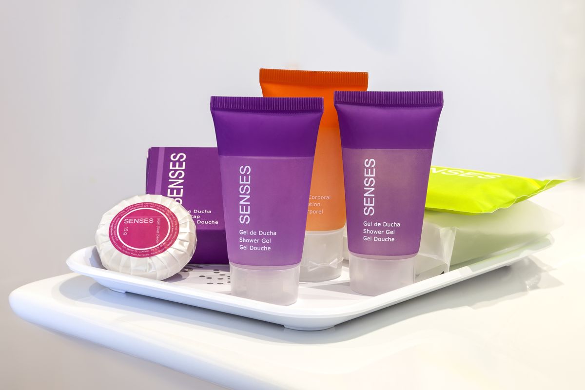Toiletries set with Senses shower gel and soap on a tray in Tenerife.