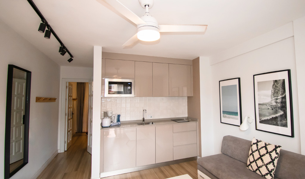 Modern kitchenette with gray cabinets, microwave, sofa, and framed ocean photos in Tenerife apartment.