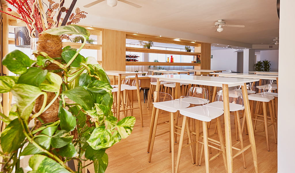 Spacious dining area in a Tenerife restaurant with tall tables and plants.