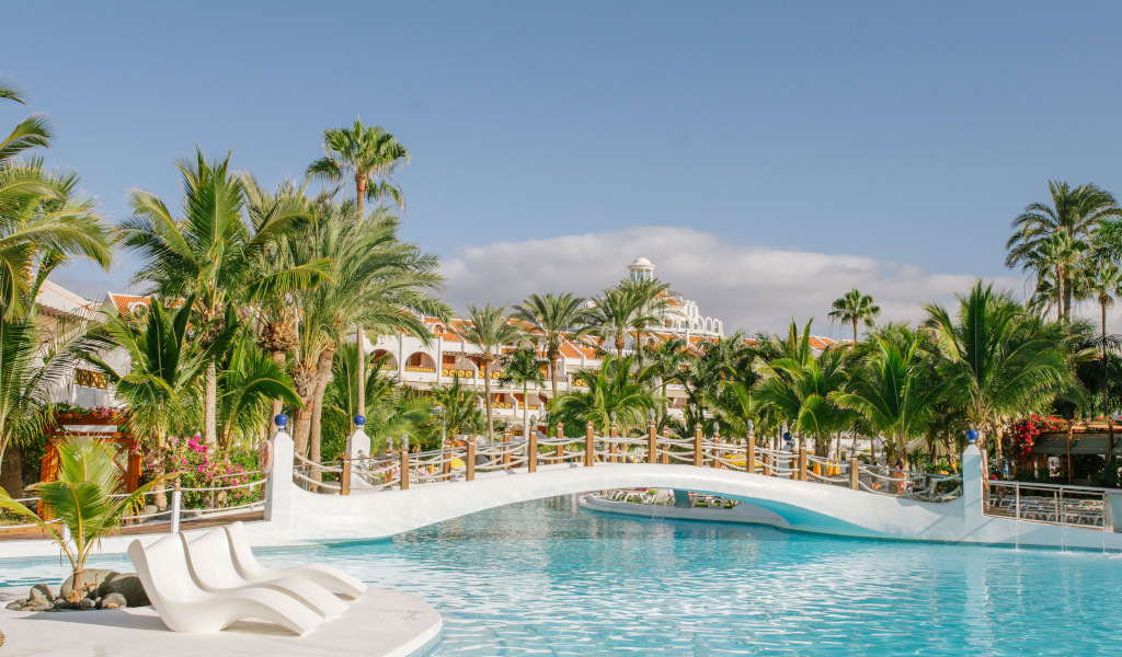 Pool with palm trees and a bridge in a resort in Tenerife.