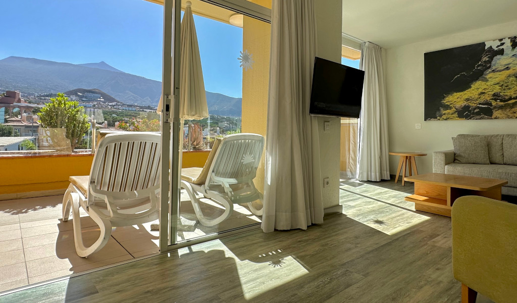 Terrace view with Mount Teide from an apartment in Tenerife.