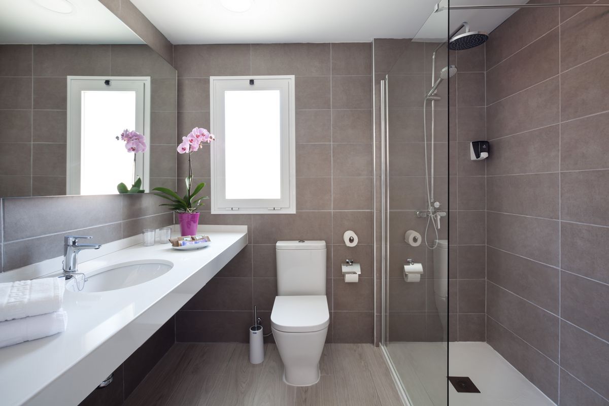 Bathroom with shower, toilet, orchid on sink, and window in Tenerife.