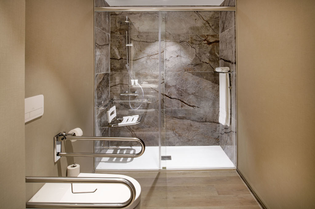 Accessible bathroom with shower and grab bars in Tenerife hotel.