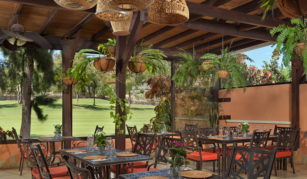 Outdoor dining area with tables, chairs, and hanging plants in Tenerife.