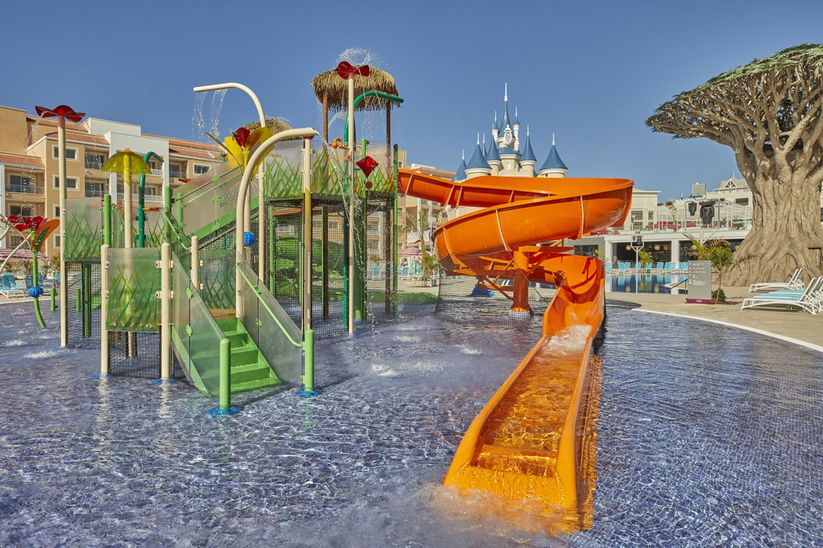 Water park with slides and splash area in a hotel in Tenerife.