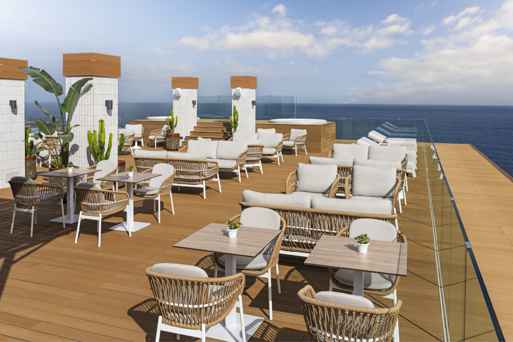 Rooftop terrace with seating and ocean view in Tenerife.