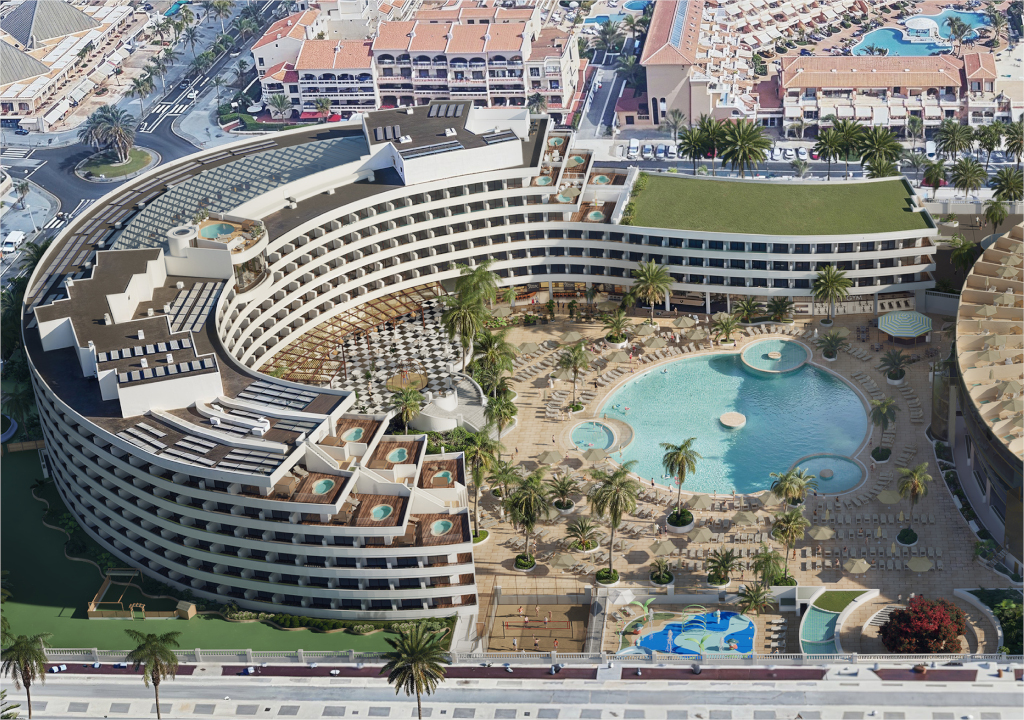 Curved hotel with central pool in Tenerife.