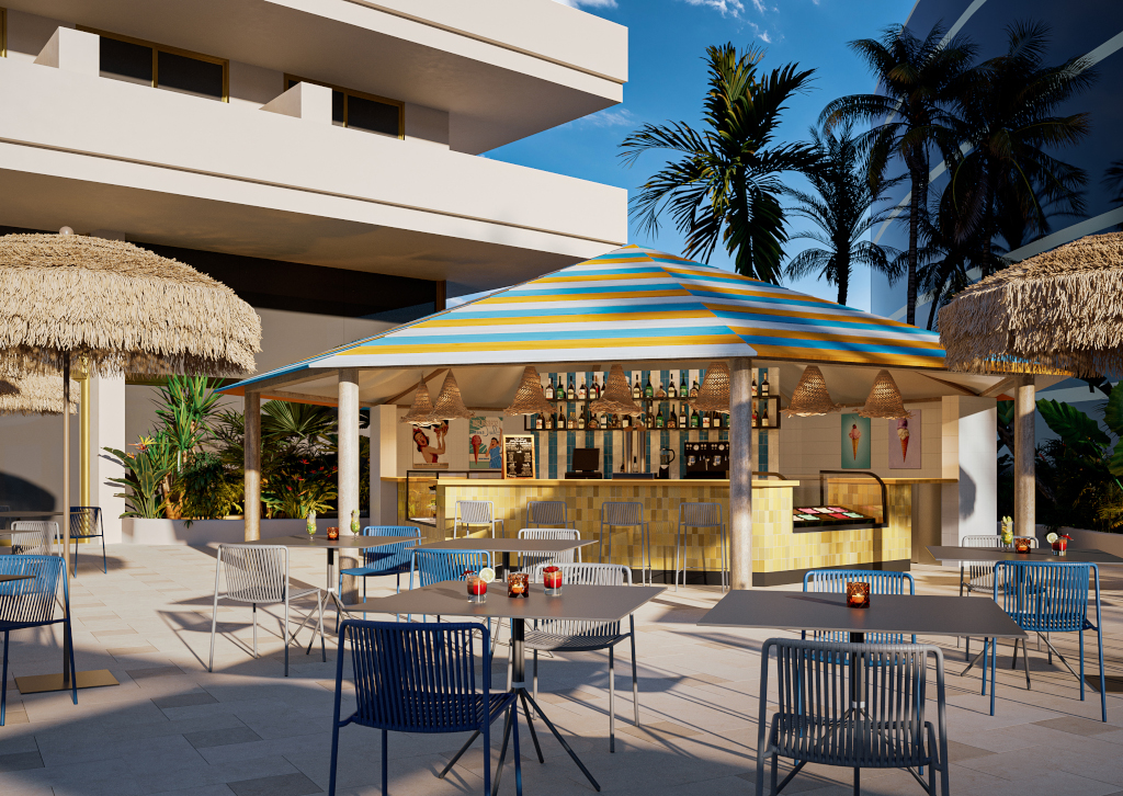 Outdoor bar with colorful striped roof, tables, and palm trees in Tenerife.