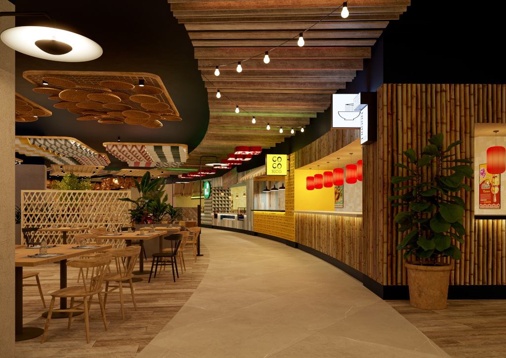 Hallway in a Tenerife restaurant with bamboo walls and a sign saying CO CO RICO.