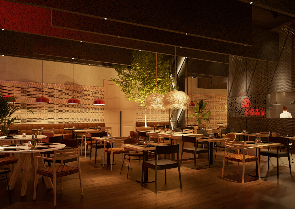 Dining area of Coral restaurant in Tenerife with tables, chairs, and decorative lights.