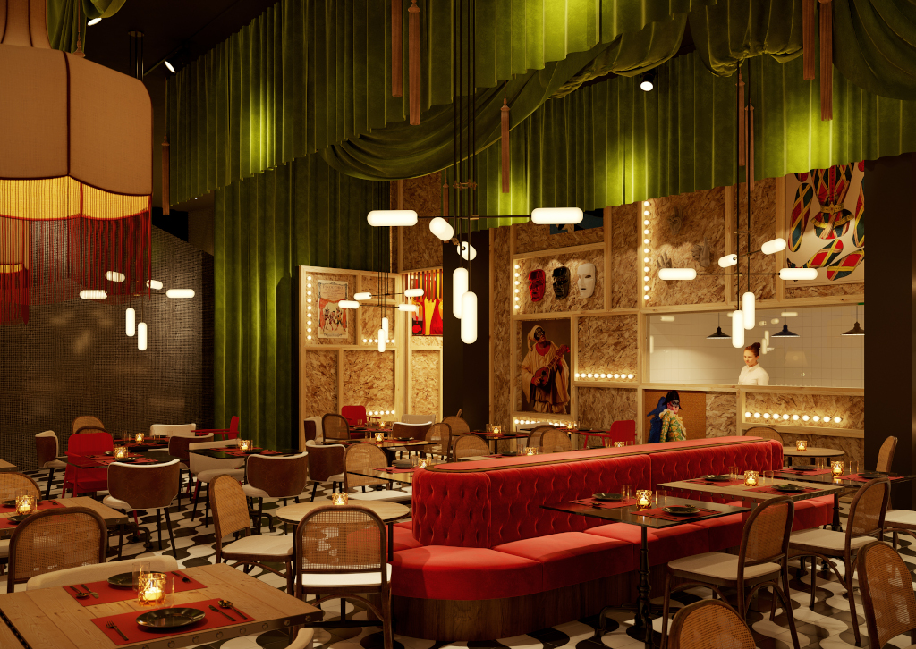 Restaurant interior in Tenerife with red seating and green curtains.
