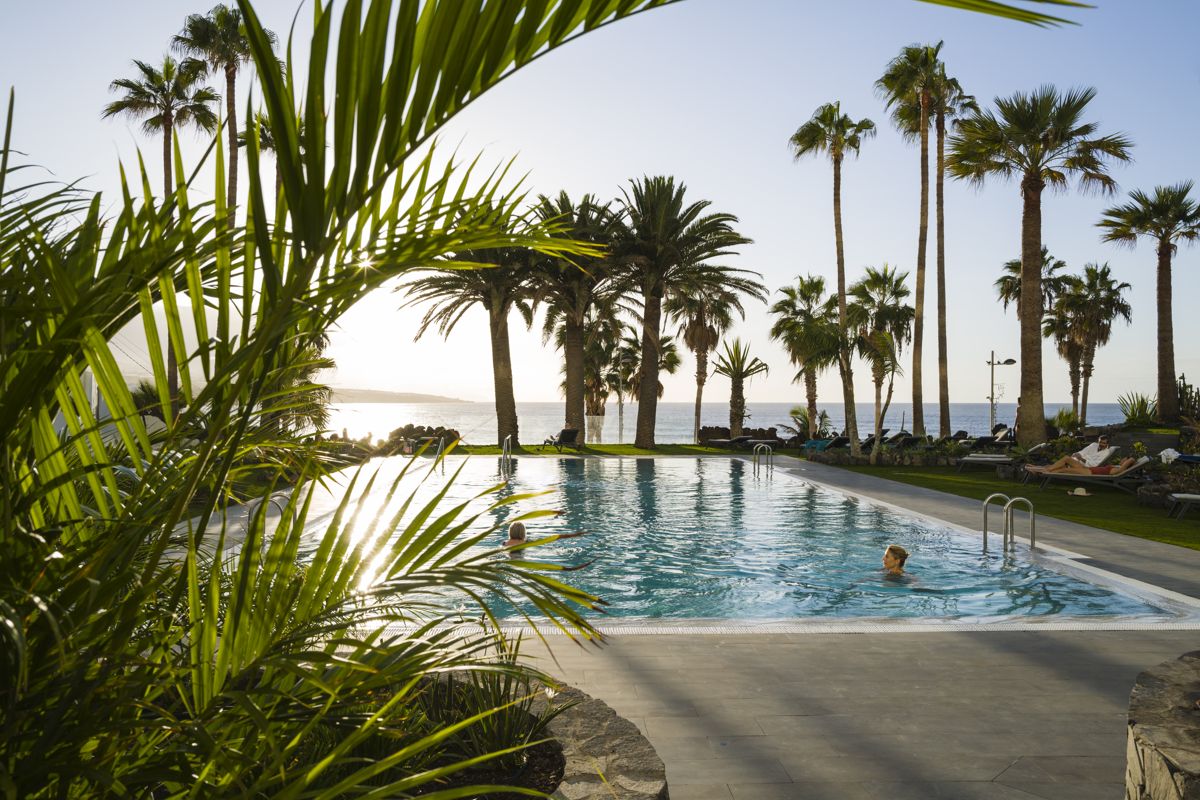 Outdoor pool with palm trees at sunset in Tenerife.