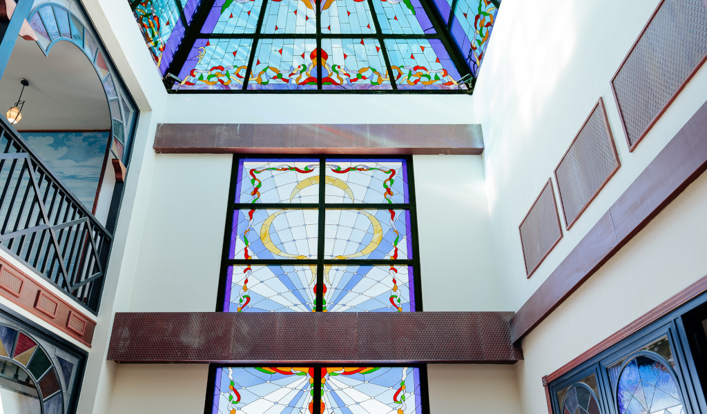 Stained glass ceiling and windows in a Tenerife building.