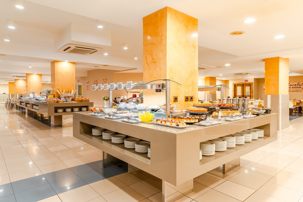 Buffet with various dishes in a restaurant in Tenerife.