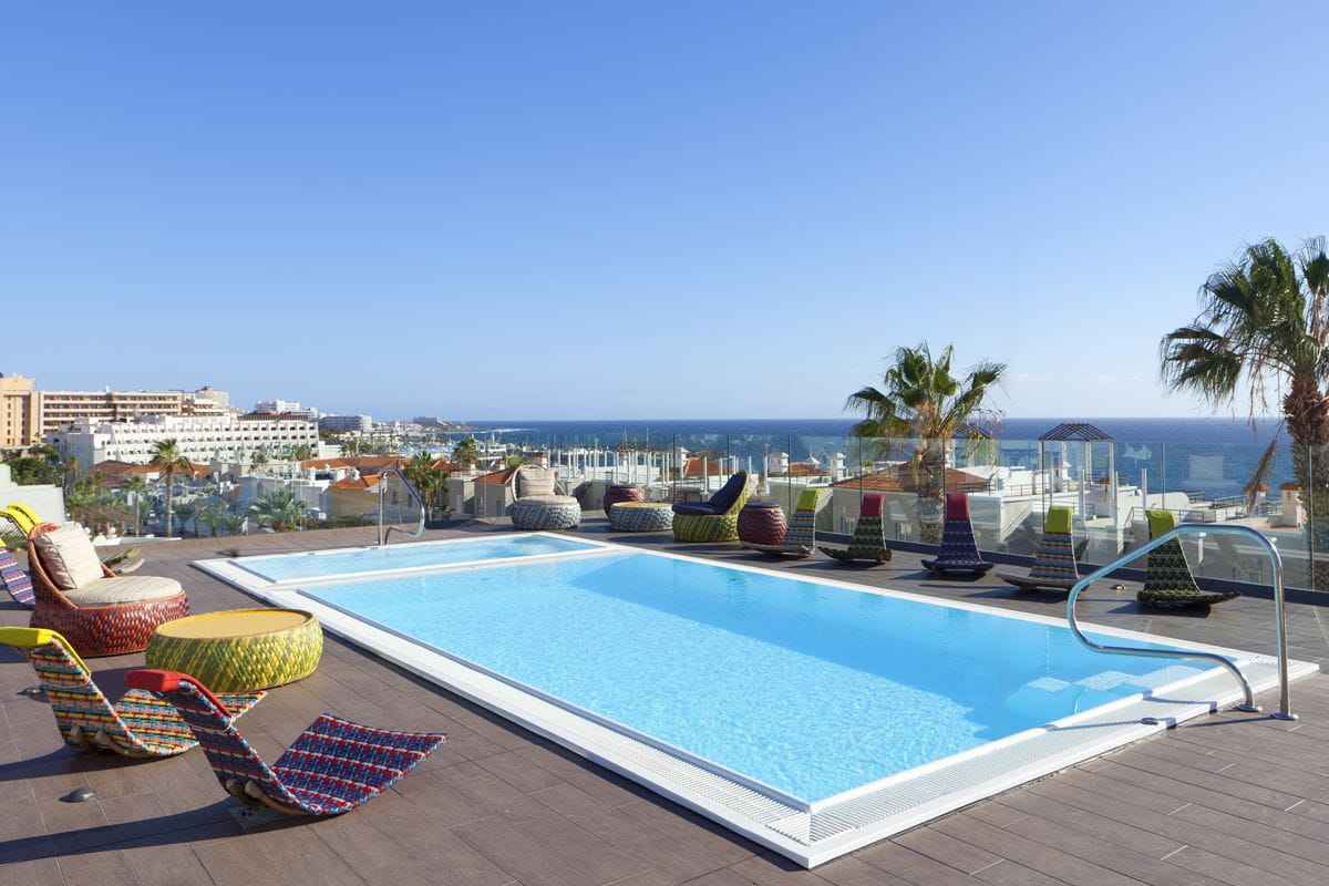 Rooftop pool with ocean view in Tenerife.