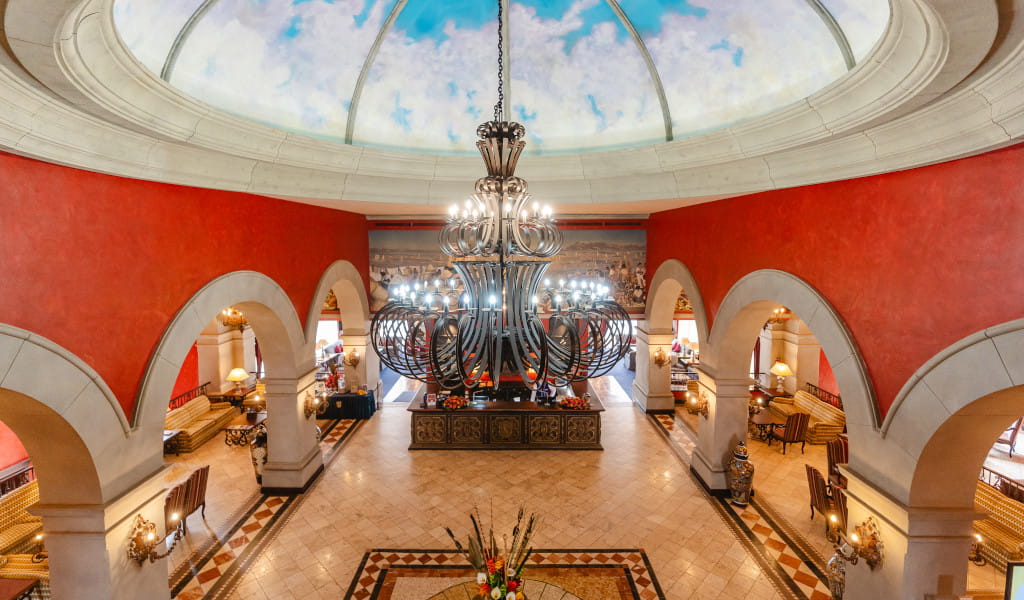 Grand chandelier and arches in a hotel lobby in Tenerife.