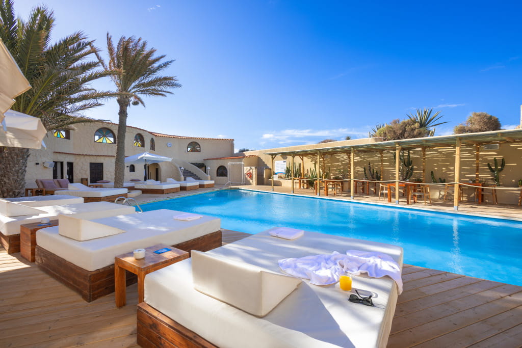 Outdoor pool with lounge chairs and palm trees at a resort in Tenerife.