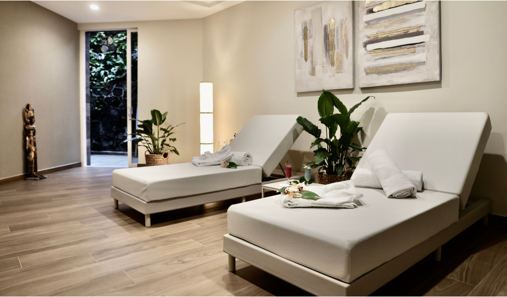 Spa relaxation room with two lounge chairs and plants in Tenerife.
