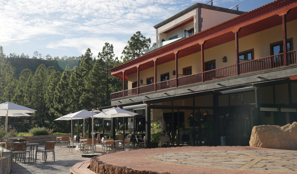 Outdoor seating area with umbrellas at a hotel in Tenerife, surrounded by pine trees.