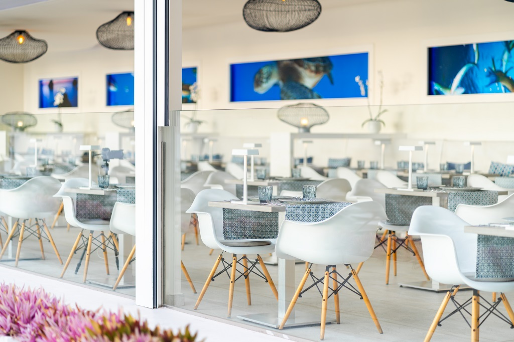 Modern restaurant in Tenerife with white chairs and blue artwork on walls.