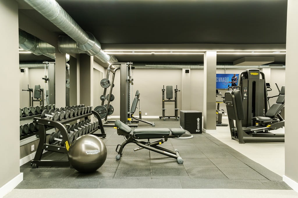 Fitness equipment in a gym in Tenerife, with weights, bench, and exercise machines.