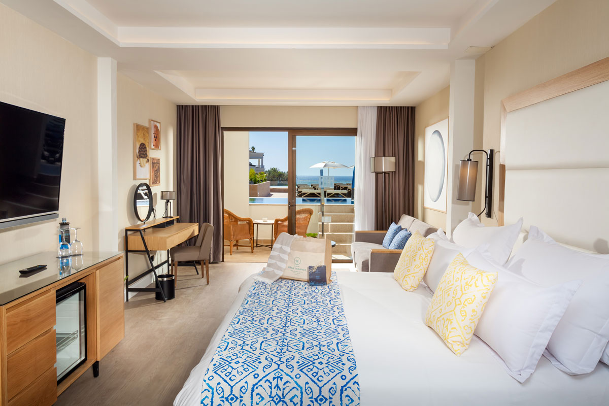 Modern hotel room in Tenerife with sea view from the balcony.