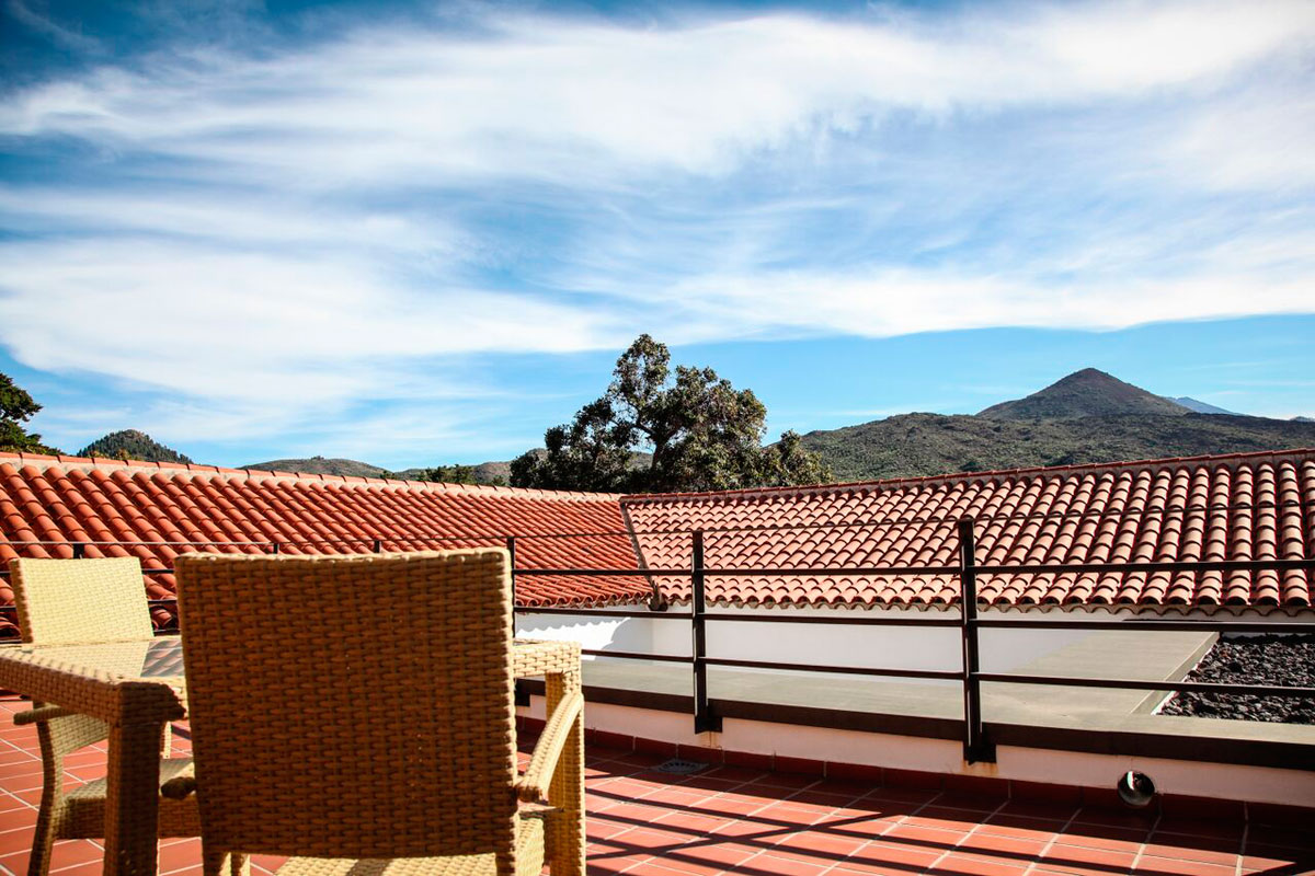 Terrace view with mountains in Tenerife in the background.
