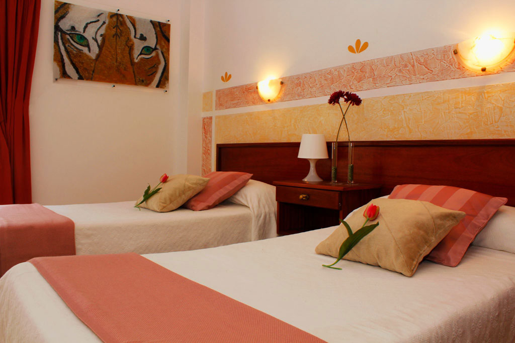 Two twin beds with decorative pillows and tulips in a Tenerife hotel room.