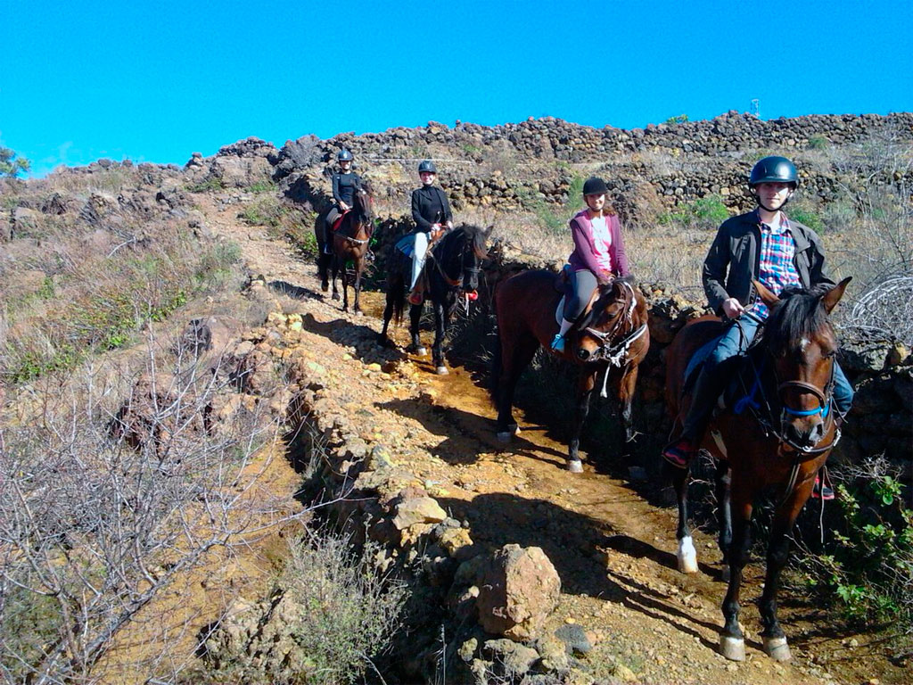 People horseback riding on a rocky trail in Tenerife.