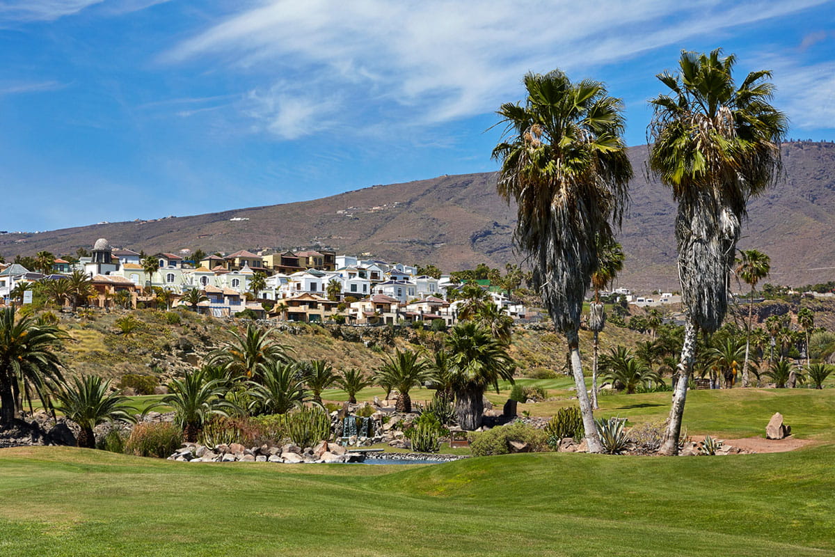 Houses and palm trees with a mountain backdrop in Costa Adeje, Tenerife.