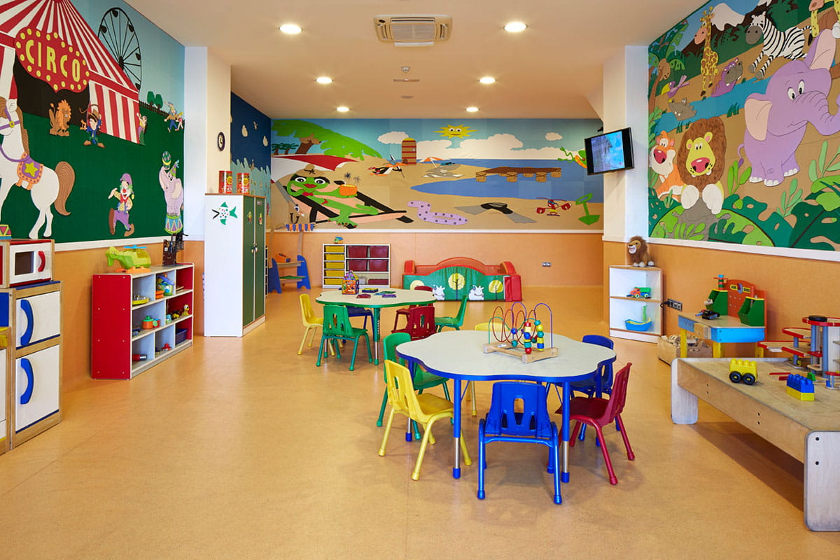 Children's playroom with colorful murals and toys in Tenerife.