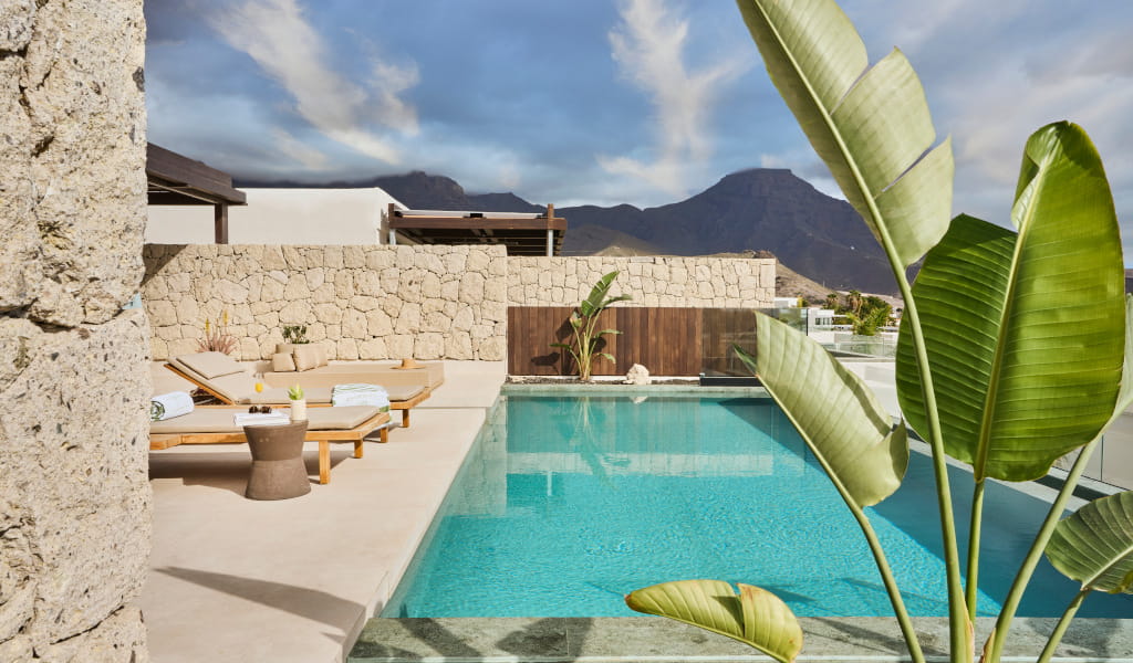 Poolside view with sun loungers and plants, mountains in the background, Tenerife.