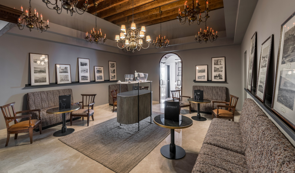 Wine tasting room with framed pictures on the walls in Tenerife.