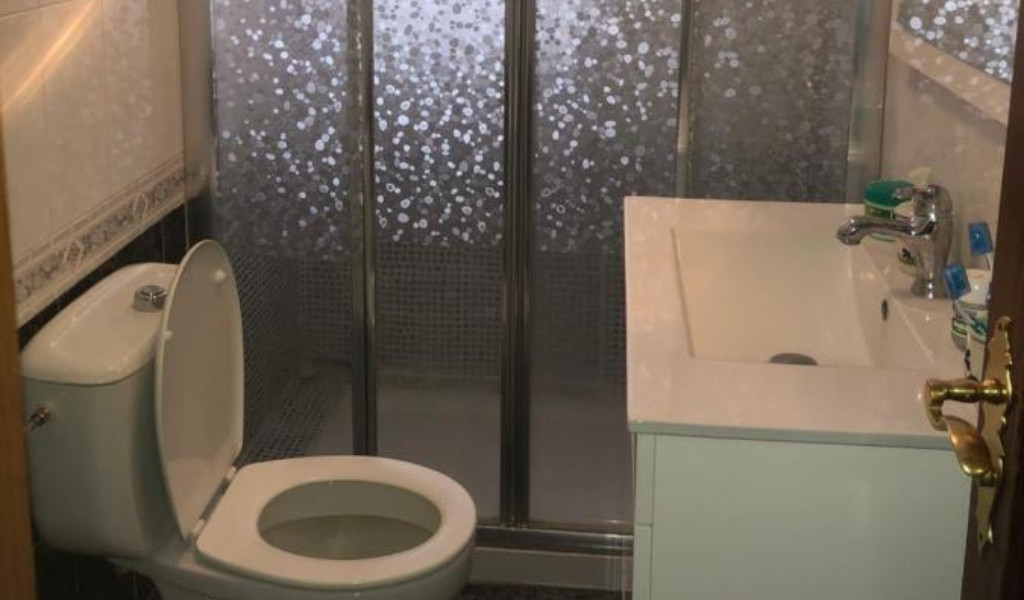Bathroom with toilet, sink, and frosted glass shower door in Tenerife.