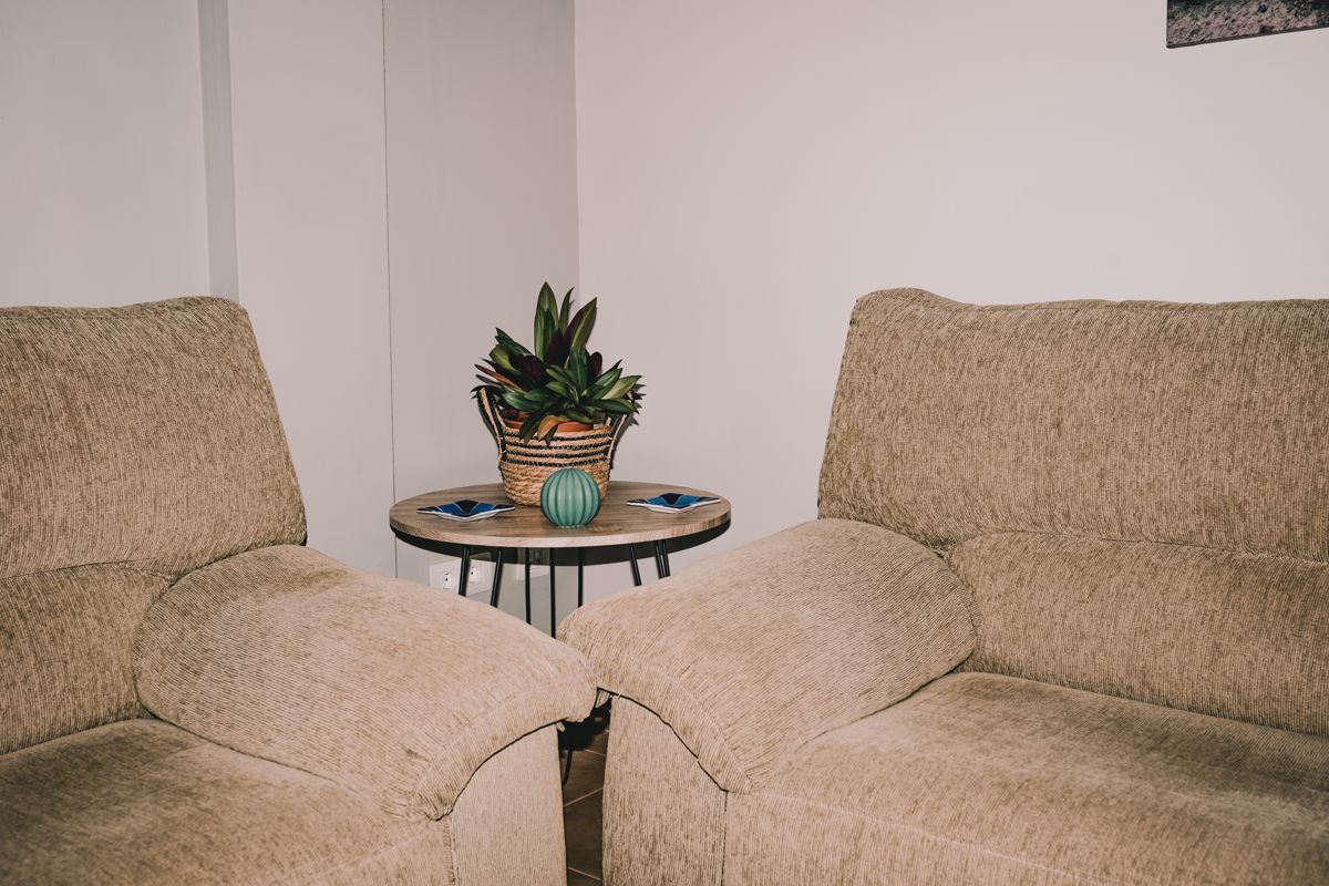 Two beige sofas with a potted plant on a table in a room in Tenerife.